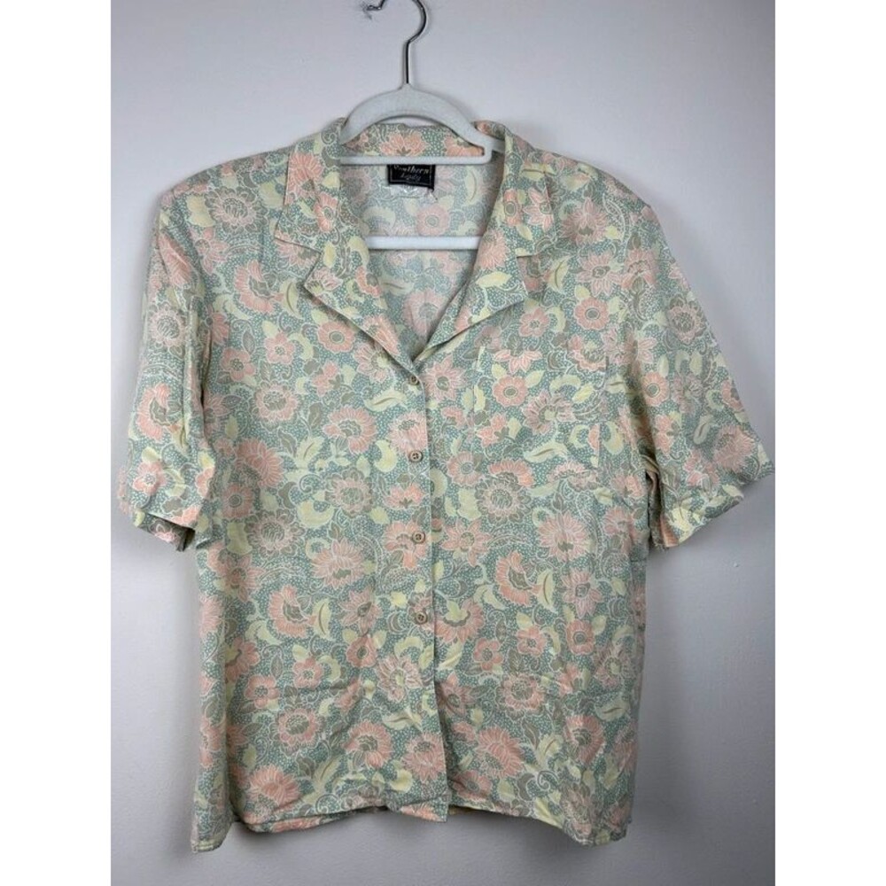 Southern Lady Vintage 80s 11/12 Floral Button-Front Collared Short Sleeve Blouse